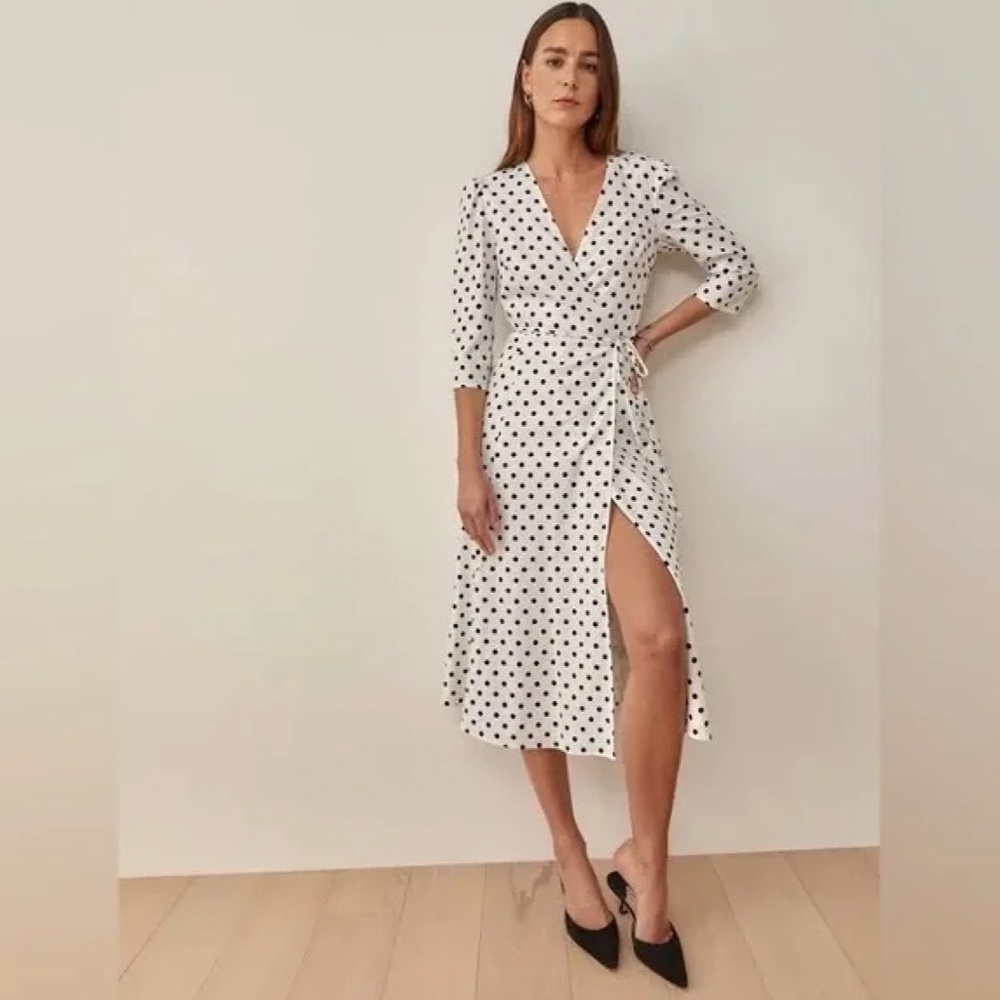 NEW Reformation Hilltop Midi Wrap Dress w/ Sleeves Polka Dot Malta Size S - Picture 2 of 14